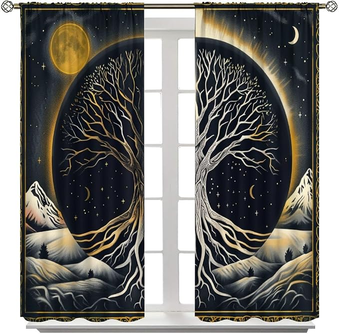 Sun Moon Blackout Curtains, Vintage Country Abstract Tree of Life Bohemian Mystic Window Drapes, for Bedroom Living Room 63" W X 63" L