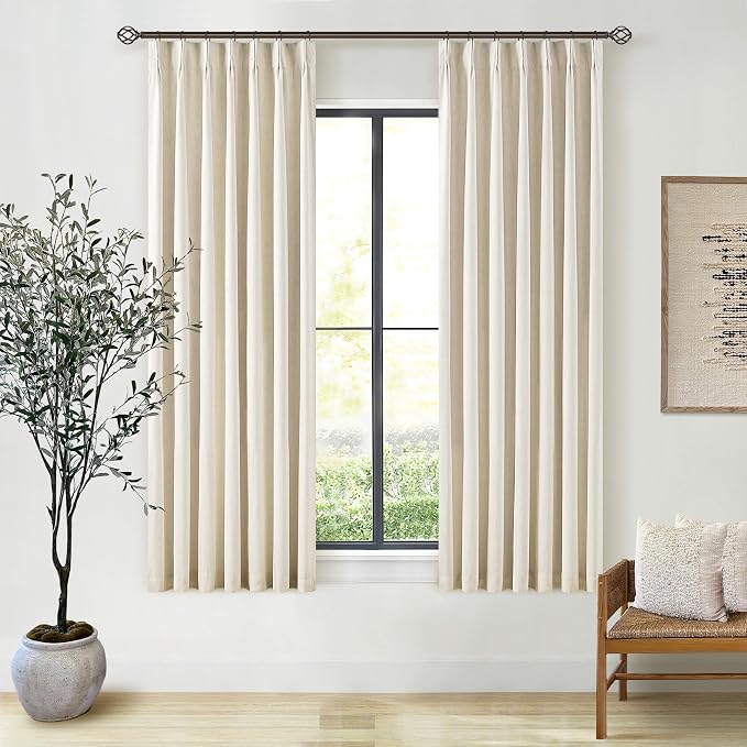Linen Beige Black Out Curtains 63 Inch Long for Bedroom Pinch Pleated with Rings Hooks Back Tab Thermal Insulated Short Length Linen Blackout Drapes Farmhouse Living Room Darkening Kitchen Curtains