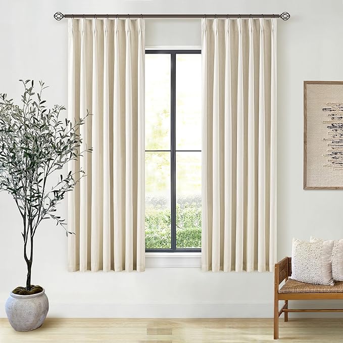 Linen Beige Black Out Curtains 63 Inch Long for Bedroom Pinch Pleated with Rings Hooks Back Tab Thermal Insulated Short Length Linen Blackout Drapes Farmhouse Living Room Darkening Kitchen Curtains