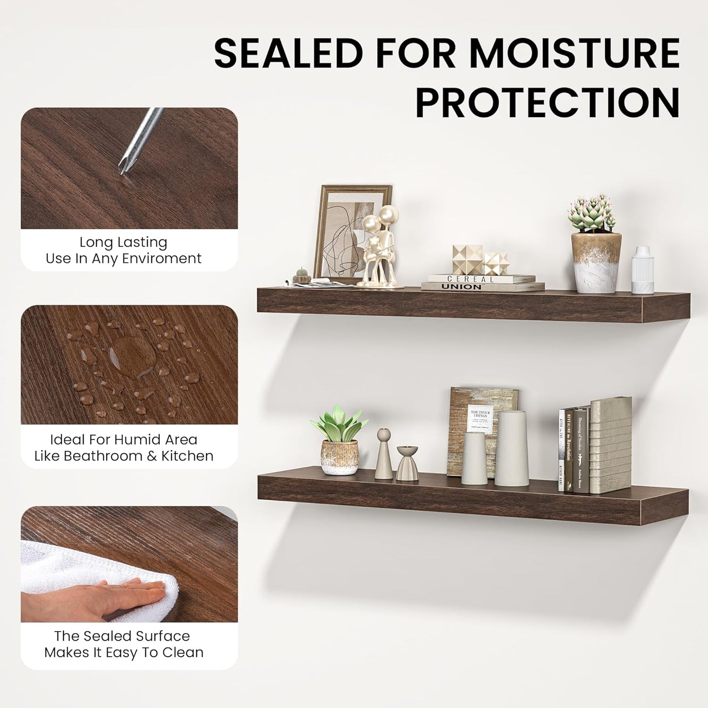 Floating Shelves for Wall, 72"W x 9.3"D x 1.5"H, Long Wooden Wall Mounted Display Shelves with Invisible Brackets for Living Room, Bedroom, Bathroom, Kitchen Decor and Storage, Set of 1, Walnut