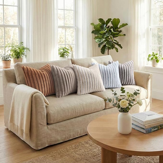 Pallene Faux Fur Plush Throw Pillow Covers 24x24 Set of 2, Luxury Soft Fluffy Striped Decorative Pillow Covers for Sofa, Couch, Living Room, Brown