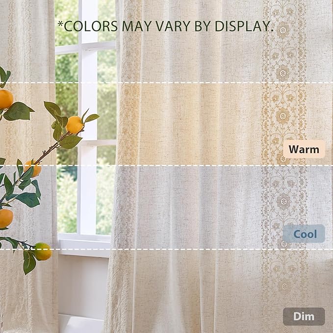 jinchan Weslie Boho Lined Linen Curtains for Living Room Ivory Vintage Floral Farmhouse Curtains 108 Inches Long Linen Drapes for Bedroom Embroidered Extra Long Drapes Ivory on Beige 2 Panels