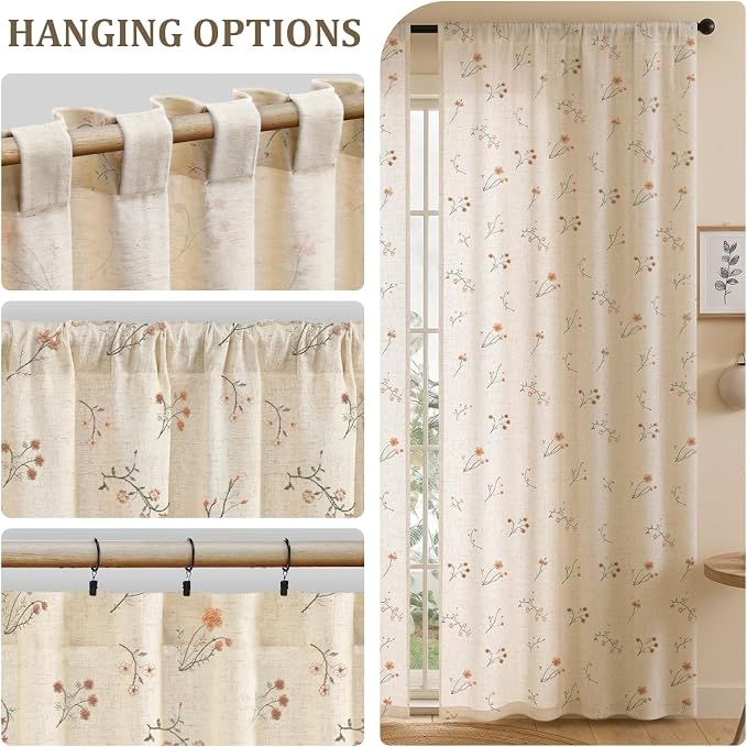 Floral Embroidered Linen Blend Curtains for Bedroom, 90 Inch Light Filtering Spring Farmhouse Vintage Drapes Beige Flower Window Treatments for Living Room Rod Pocket, Set of 2 Panels
