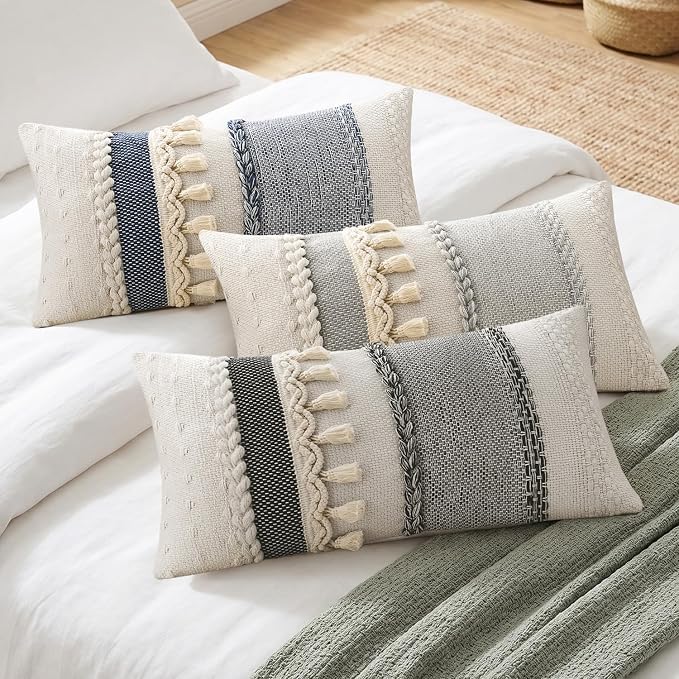 Kevin Textile 14x20 Inch Lumbar Throw Pillow Cover 1 Pack Boho Decorative Cotton Thread Woven Textured Tassel Rustic Farmhouse Rectangle Cushion Cover for Couch Sofa Chair Bed, Blue