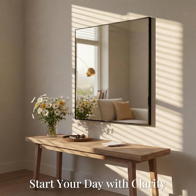 30"x30" Matte Black Framed Square Bathroom Vanity Wall Mirror | Accent Wall Mirror, Square Geometric Look, Slim Metal Frame, Living Room, Entryway, Keyhole Mount, Tempered Glass