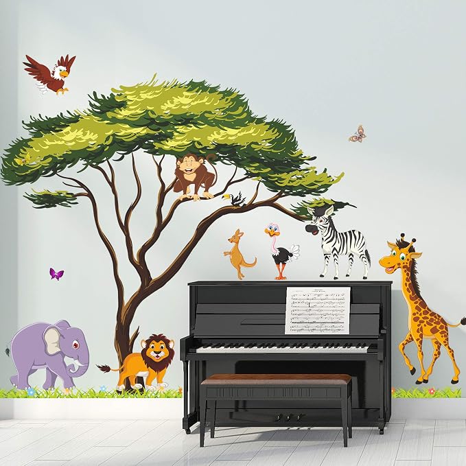 Amaonm Giant Jungle Animal and Tree Wall Decals Removeable DIY Flower Lion Giraffe Monkey Wall Sticker Peel and Stick Wall Decor for Baby Boys Nursery Kids Room Bedroom Living Room Classroom