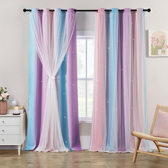 XiDi Girls Blackout Curtains 100 Inches Long for Bedroom, Room Darkening Grommet Window Ombre Curtains 2 Panel Sets, Colorful Rainbow Kids Unicorn Princess Theme Decor Pink Purple 34WX100L