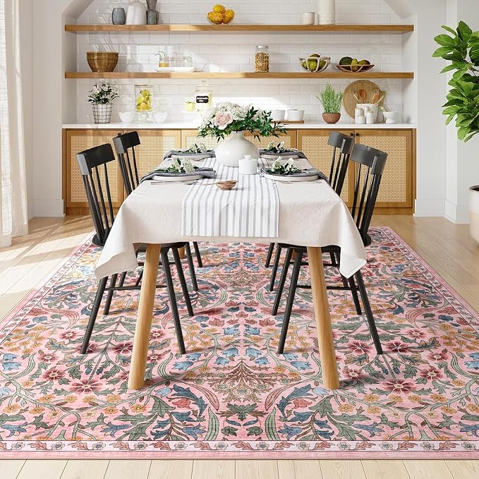 8x10 Washable Area Rug for Living Room, Floral Non-Slip Non-Shedding & Easy Care, Large Soft Low Pile Botanical Indoor Floor Carpet for Living Room, Bedroom, Dining Room, Kids Playroom, Nursery, Pink