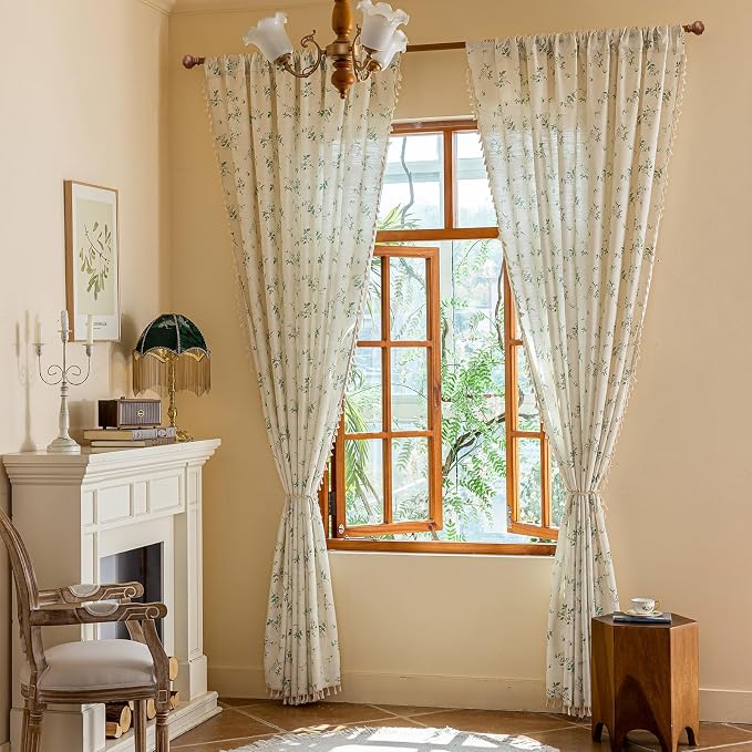 OYX Boho Floral Spring Semi Sheer Curtains 84 Inch Length 2 Panels, Linen Texture Farmhouse Light Filtering Curtains Beige Tassel for Bedroom Living Room Vintage Rustic Patterned Printed Rod Pocket