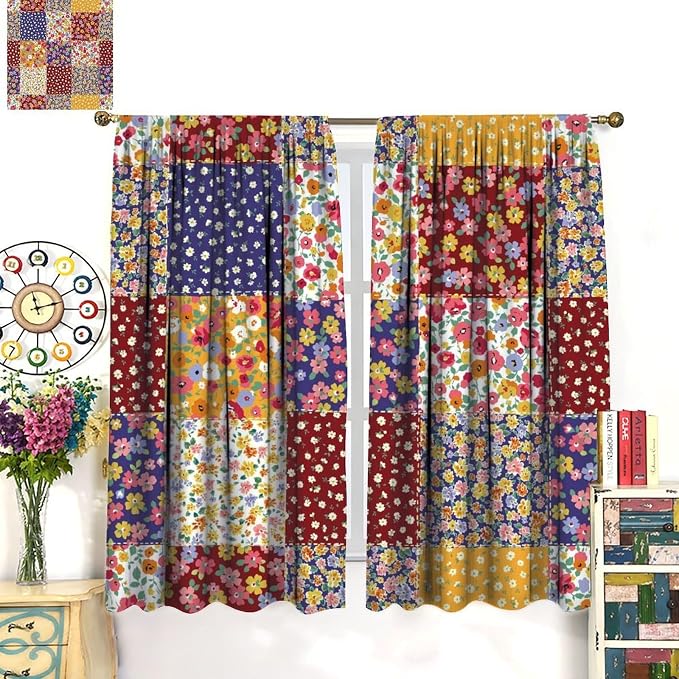 Boho Floral Patchwork Blackout Curtains Vintage Flower Bohemian Colorful Spring Retro Print Window Drapes for Bedroom Living Room Kitchen Cafe (W27.5xL63 Inch) x2 Panels