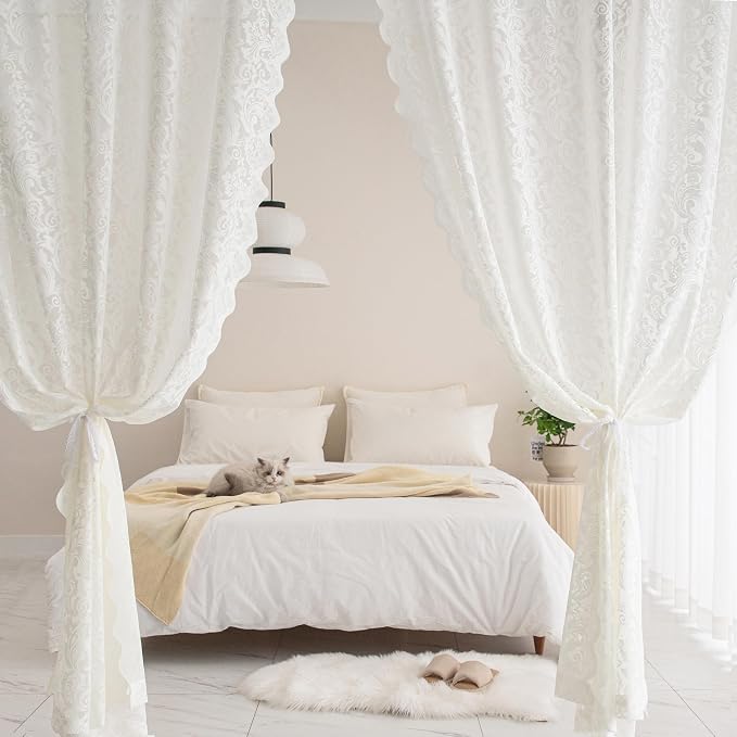 ALIGOGO Lace Sheer Curtains 90 Inches Long - Country Rustic Knitted Cream Floral Curtains 2 Panels for Living Room, Victorian Rod Pocket Privacy Light Filtering, 52 x 90 Inch, Ivory
