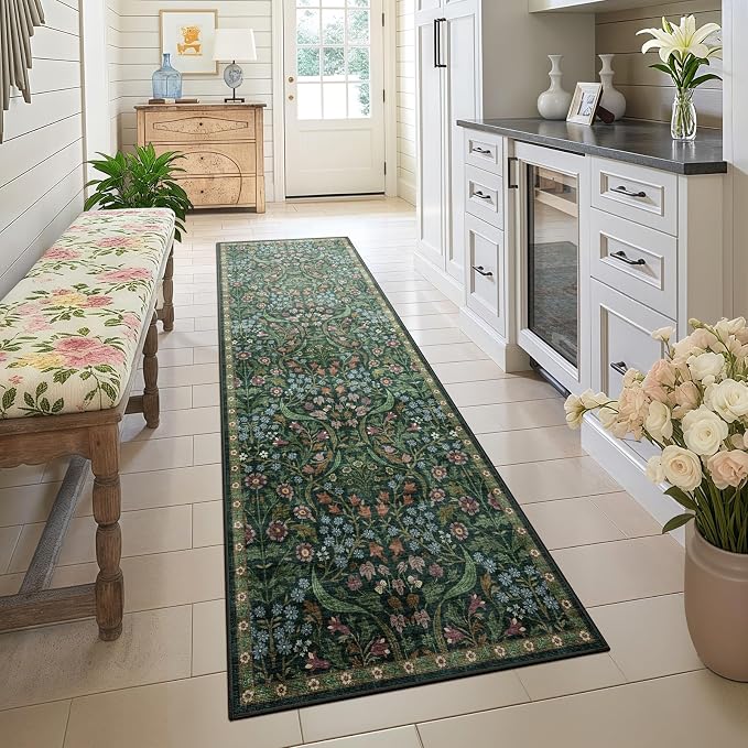 2.6x8 Machine Washable Runner Rug, Kitchen Hallway Area Rug Green Vintage Boho Floral Ultra Non-Slip Low Pile Soft Faux Wool Carpet Kids and Pets Friendly for Bedroom Entryway Nursery Decor Rug