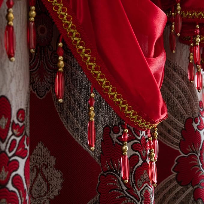 Petrichor Elegant Curtains with Gold Silver Threads 2 Panels Set - Luxury Window Treatment Attached Valance, Sheer Backing, and 2 Tie Backs for Bedroom and Living Room, 54x63 inches, Red