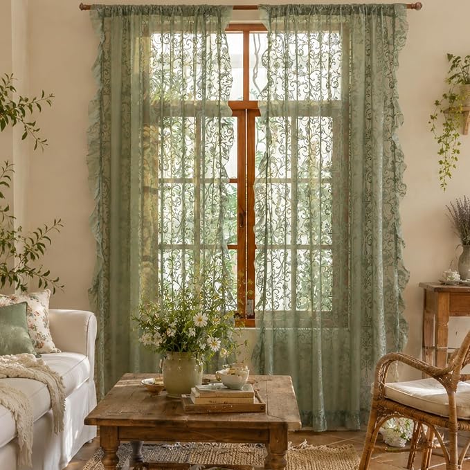 TUDECO Sage Green Lace Sheer Curtains 96 Inches Long 2 Panles | French Floral Pattern, Ruffle Edges,for Dining Room Living Room, Light Filering Privacy, Spring Summer Decor, 59 x 96 Inch