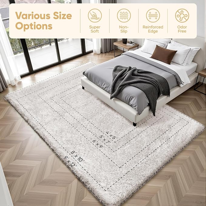 8x10 Area Rugs for Living Room Bedroom: White Soft Fluffy Shag Upgrade Non-Slip High Pile Carpet Large Fuzzy Plush Indoor Floor Decor Shaggy Rug for Kid Boys Girls Dorms Playroom Nursery Modern Home