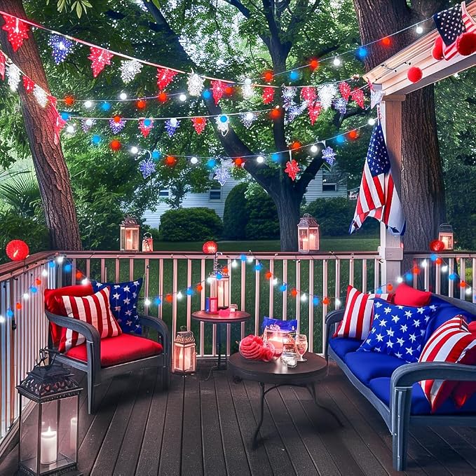 JMEXSUSS Connectable 33ft 100 LED Red White and Blue Lights Indoor Outdoor | 4th of July Decorations Light Plug in, 8 Modes Globe String Lights with Remote for Independence Day Party Patriotic Decor