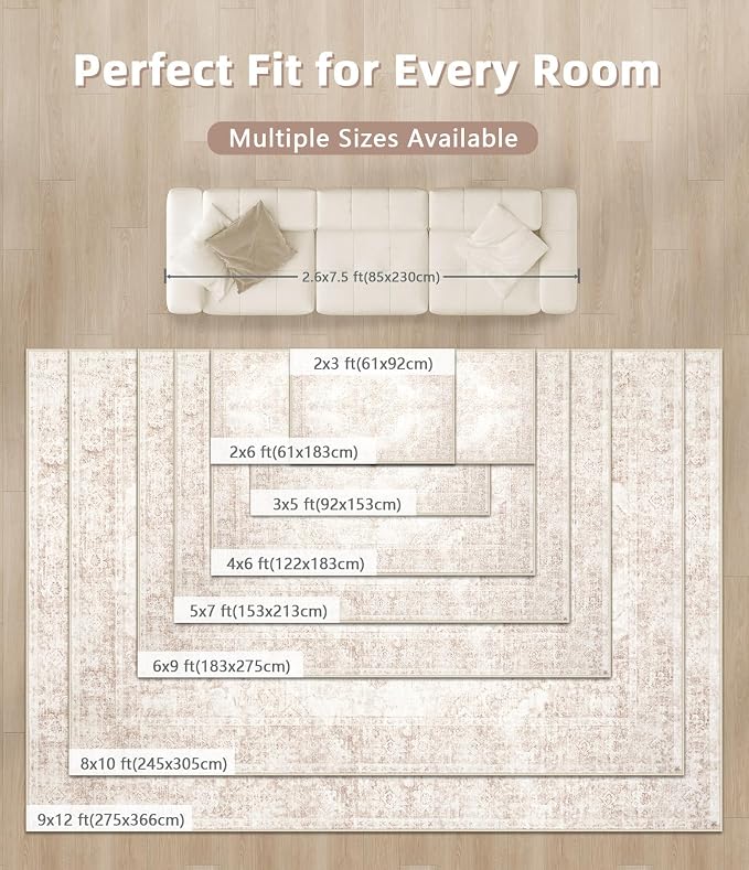 Vintage Living Room Area Rug - 9x12 Large Machine Washable Boho Moroccan Rug Distressed Farmhouse Rugs for Bedroom - Soft Non-Slip Indoor Carpet for Dining Room Office Nursery(Retro Beige, 9'x12')