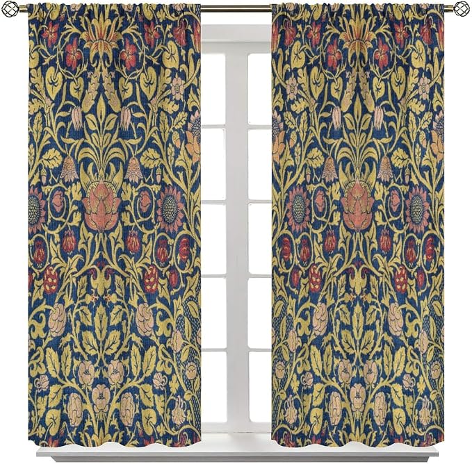 Retro Bohemian William Morris Plant Floral Blackout Window Curtains, Abstract Vintage Country Floral Leaf Pattern Print Window Drapes, for Bedroom Living Room 21(W)*54(L) 2 Panels