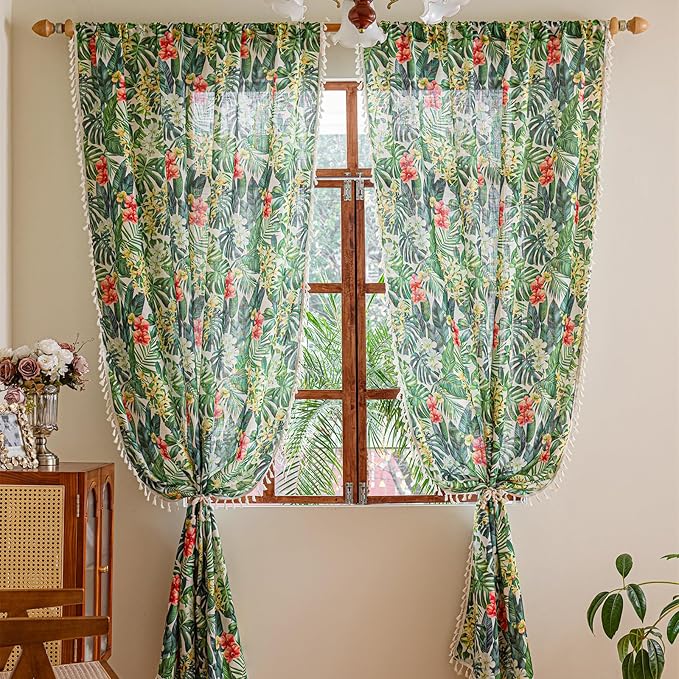 Deeprove Boho Curtains 2 Panels for Bedroom Living Room 84 inches Long Bohemian Light-Filtering Linen Look Leaf Floral Print Farmhouse Aesthetics Privacy Vintage Chic Window Decor 52W x 84L
