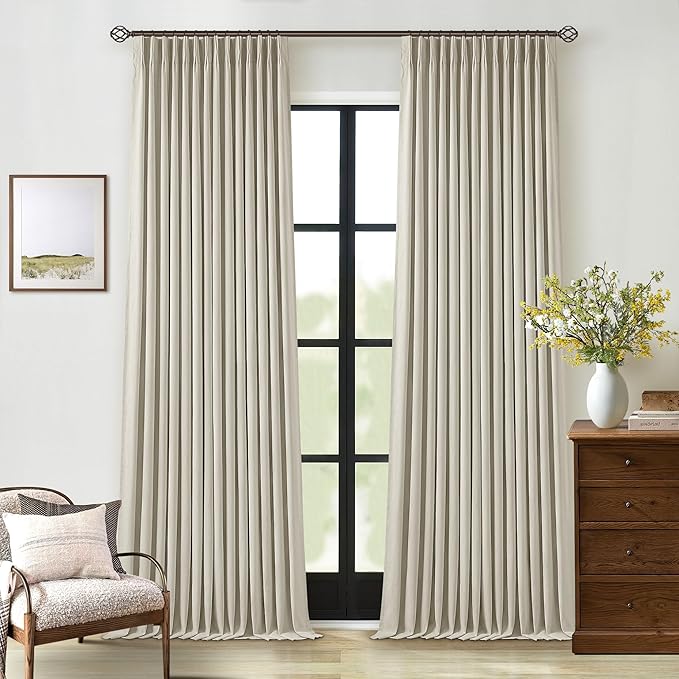 Beige Pleated Linen Blackout Curtains 102 Inches Long for Bedroom Living Room Pinch Pleat Black Out Thermal Insulated Ring Hooks Room Darkening Drapes Oatmeal Light Tan Curtains with Liner 40x102