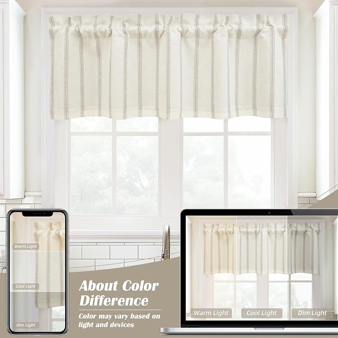 DriftAway Farmhouse Linen Lined Valance 2 Layer Thermal Insulated Room Darkening Blackout Window Valances Rod Pocket Vertical Striped Kitchen Valance for Bathroom Single 52 x 14 Inch Camel Beige