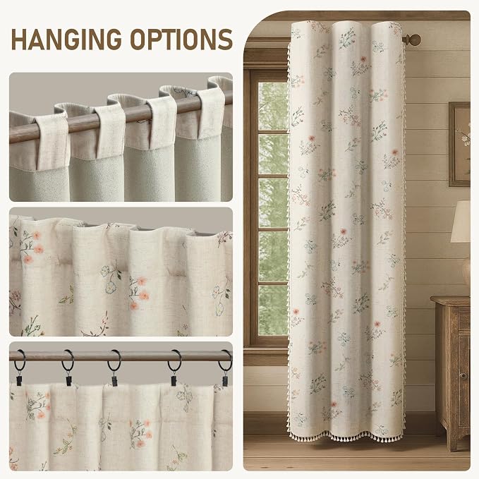 Boho Floral 100% Blackout Curtains for Bedroom 84 Inch Length 2 Panels Set, Linen Texture Farmhouse Curtains Beige Tassel for Living Room Vintage Rustic Patterned Printed Western Rod Pocket