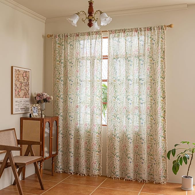 Deeprove Boho Curtains 63 Inches Length 2 Panels with Handmade Cream Tassel, Herbs Florals Print Textured Window Drapes for Living Room Bedroom Farmhouse Cottage Shabby Style Privacy, 52W x 63L