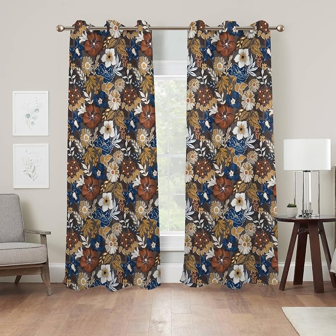 Renaiss Bohemian Floral Blackout Curtains, Blue Brown White Flower Thermal Insulated Bedroom Window Curtains, Boho Style Patterned Window Drapes for Living Room, 96" L x 53" W 2 Panel Set