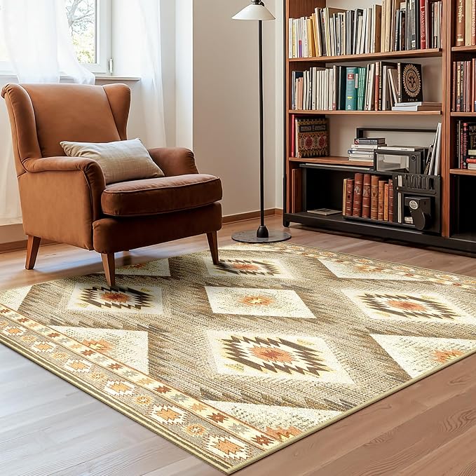BESTSWEETIE Area Rug 6x6 Rug Machine Washable Non-Slip Low Pile Print Pattern Western Rug for Living Room Bedroom Entryway Tribal Series -Cream/Camel