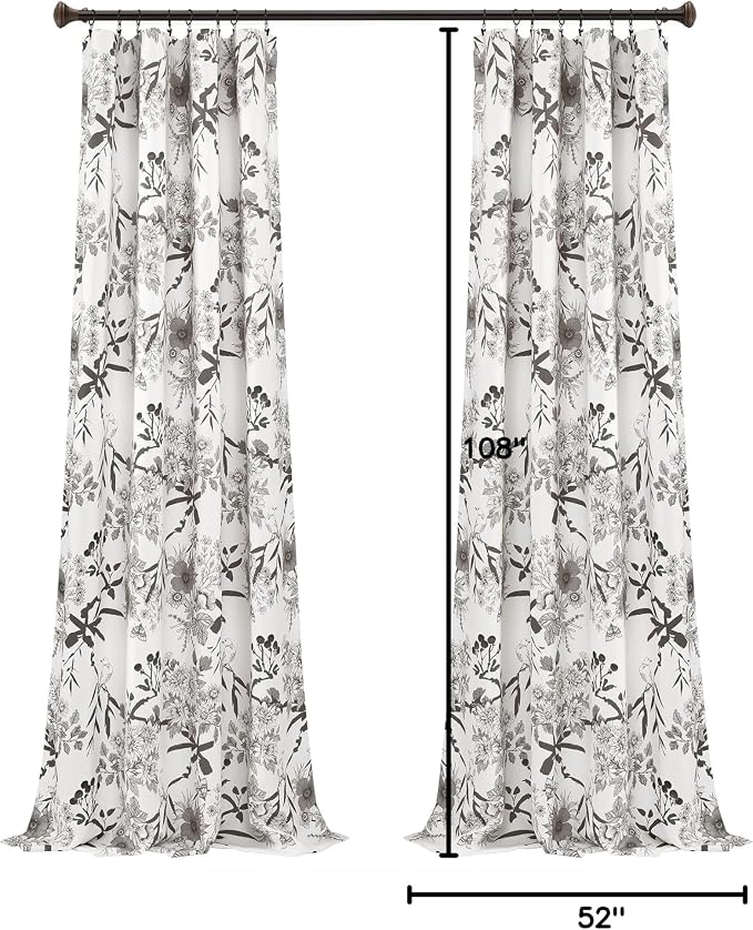 Lush Decor Botanical Garden Curtains Floral Bird Print Light Filtering Window Panel Drapes Set for Living, Dining, Bedroom (Pair), Gray & White, 52"W x 108L"