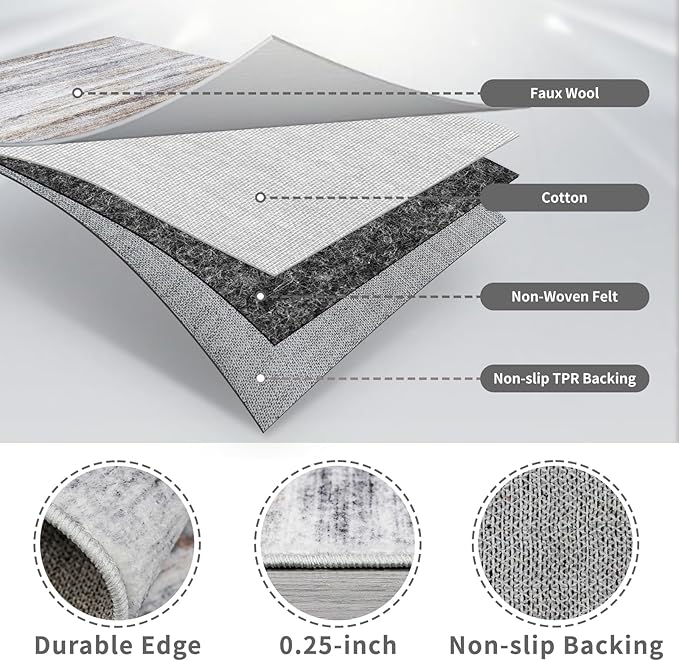 2x8 Washable Runner Rug for Family: Easy-to-Clean Runners for Hallway Entryway Bedroom - Stain and Water Resistant Rugs with Non-Slip Backing - Soft Low-Pile Carpet Beige Grey