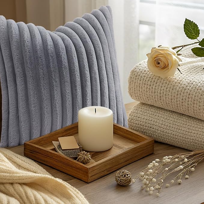 decorUhome Fall Cozy Faux Fur Throw Pillow Covers 18x18 Set of 2 Decorative Soft Plush Striped Modern Farmhouse Boho Couch Pillow Cases with Velvet Back for Sofa Bed Living Room, Grey