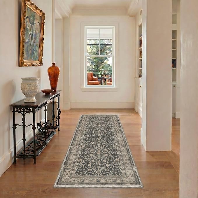 Bavni 2x3 Doormat, Machine Washable Runner Rug Non Slip, Vintage Floral Oriental Floral Rugs for Entrance, Lightweight Low Pile Carpet for Hallways Kitchen and Corridor, Dusty Charcoal