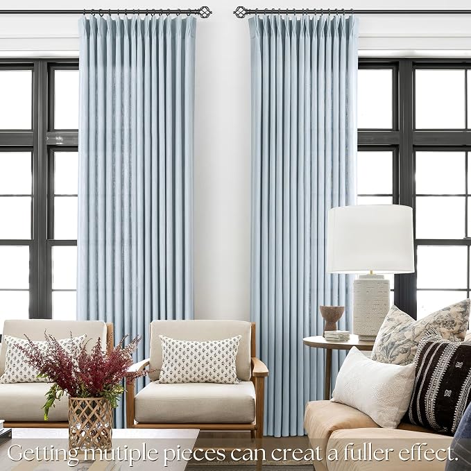 Light Blue Pinch Pleated Linen Curtains 108 inches Long with Clips and Hooks for Boys Bedroom Elegant Neutral Farmhouse Dusty Blue Semi Sheer Pleat Drapes Living Room 40"x108" 2 Panels Grey Blue