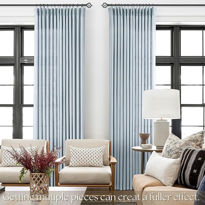 Light Blue Pinch Pleated Linen Curtains 96 inches Long with Clips and Hooks for Boys Bedroom Elegant Neutral Farmhouse Dusty Blue Semi Sheer Pleat Drapes Living Room 40"x96" 2 Panels Grey Blue