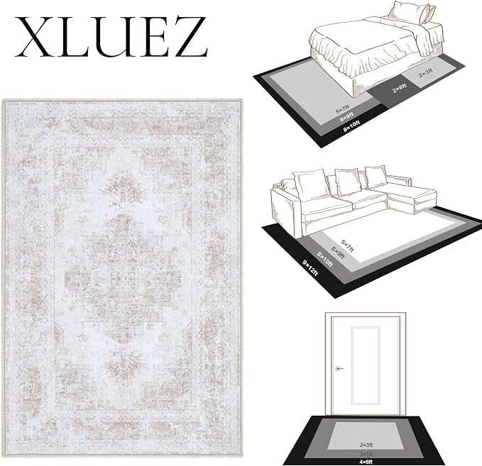 XLUEZ Area Rug 10x14 Living Room Rug, Machine Washable Vintage Distressed Medallion Rug Non-Slip Soft Low Pile Large Indoor Rugs for Bedroom Kitchen Dining Room Office(Beige,10'x14')