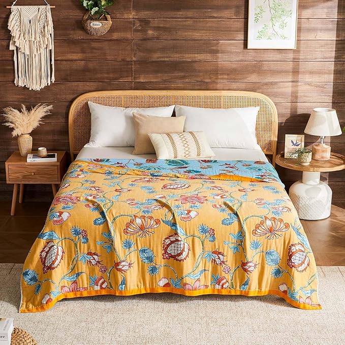 Boho Blanket Soft Muslin Boho Throw Blanket 100% Cotton Blanket All Seasons Reversible Rustic Floral Printed Vintage Rustic Farmhouse Decor Throw for Sofa Couch Chair (Yellow, 60"x80")