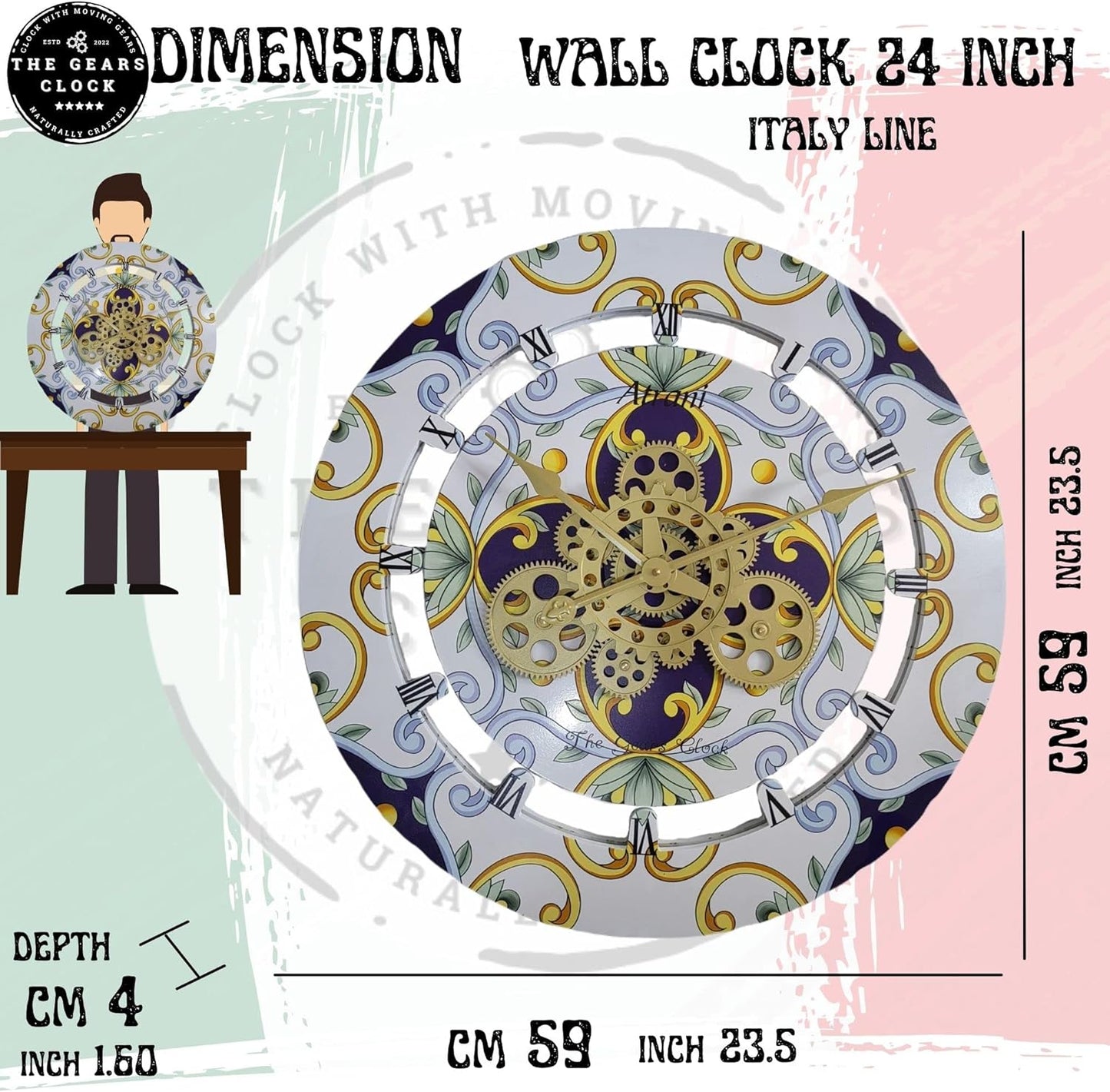 The Gears Clock Wall Clock Italy Collection with Moving Gears (Meta, 24 inch Round)