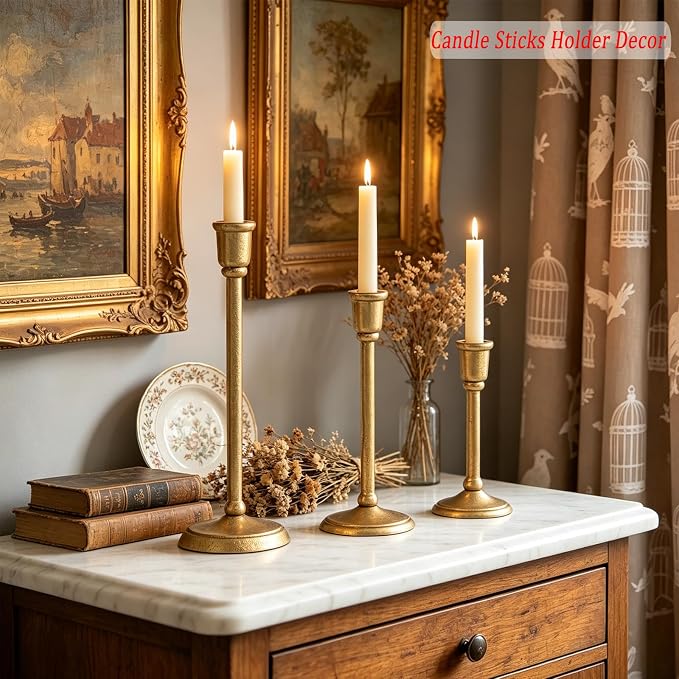 Gold Taper Candle Holders Set of 3, Antique Brass Finish | Heavy Cast Iron Candlesticks, Sturdy Candle Sticks for Dining Table, Wedding, Fireplace, Home Decor