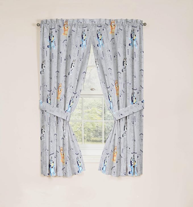 Jay Franco Window Curtains for Kids Bedroom 4-Piece Drape Set with 2 Tiebacks, Grey - Bluey, 42" W x 63" L (Pack of 2)