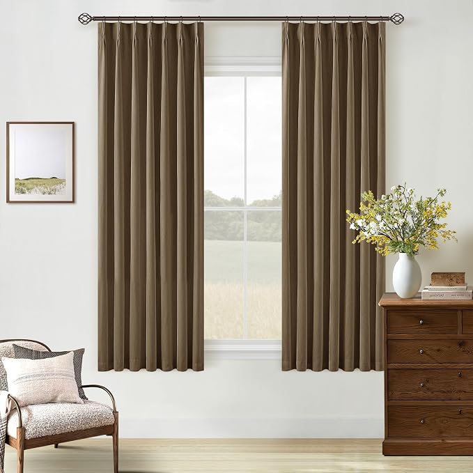Dutch Cocoa Pinch Pleated Linen Blackout Curtains 2 Panels for Living Room Bedroom Thermal Insulated 100% Black Out Linen Drapes with Liner Room Darkening Window Curtains 40x63