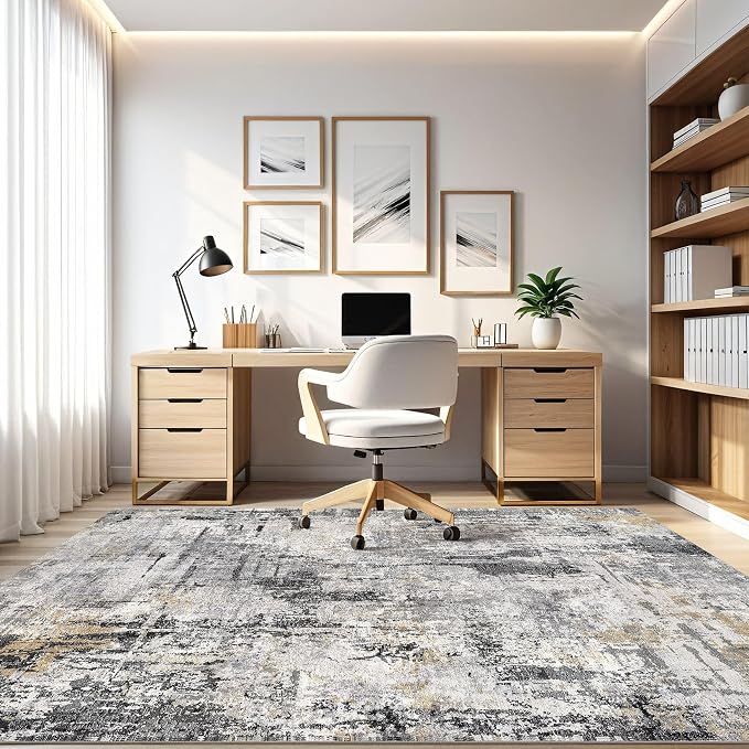 7x9 Area Rug Living Room: Washable Large Abstract Soft Stain Resistant Indoor Floor Rugs Non-Slip Accent Carpet for Bedroom Nursery Playroom Office Dining Room Home House- Gray Beige
