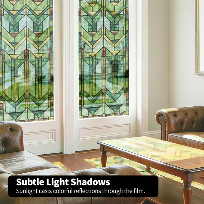Faux Stained Glass Effect Transparent Window Film, Decorative Window Cling for Front Door Sliding Door Glass Film Decor Inspired by Frank Lloyd Wright, 29.53" x68.9" Martin House, Green
