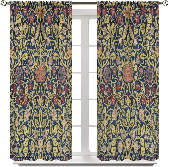 Retro Bohemian William Morris Plant Floral Blackout Window Curtains, Abstract Vintage Country Floral Leaf Pattern Print Window Drapes, for Bedroom Living Room 72x63in
