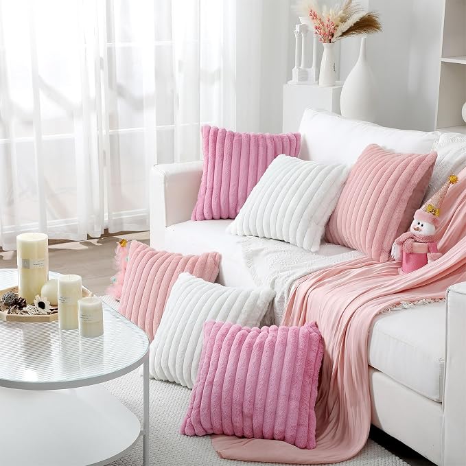 Mixweer 6 Pcs Faux Fur Plush Throw Pillow Covers 18x18 Inch Soft Decorative Striped Pillow Covers with Velvet Back for Coquette Party Sofa Home Wedding Classroom Decor, Pink, Light Pink, White