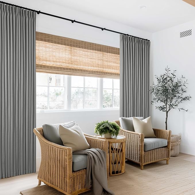 108 Inches Long Pinch Pleated Curtains Blackout for Bedroom Linen Pinch Pleat Curtains Rings Hooks Thermal Insulated Light Blocking Window Drapes Living Room Track 2 Panels Charcoal Stone Grey Gray
