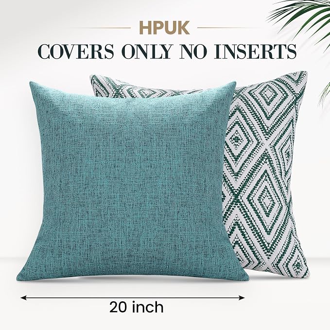 HPUK Throw Pillow Covers 20x20 Inch Set of 4, Linen Decorative Pillow Covers, Accent Cushion Covers for Couch Sofa Bed Bedroom Living Room Décor, Aqua Blue