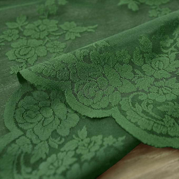 Dark Olive Green Sheer Curtains 90 Inches Long 2 Panels Set Country Floral Rustic Vintage Emerald Green Lace Curtains for Living Room Bedroom, Rod Pocket Privacy Forest Green Drapes, Each 52 x 90 Inch