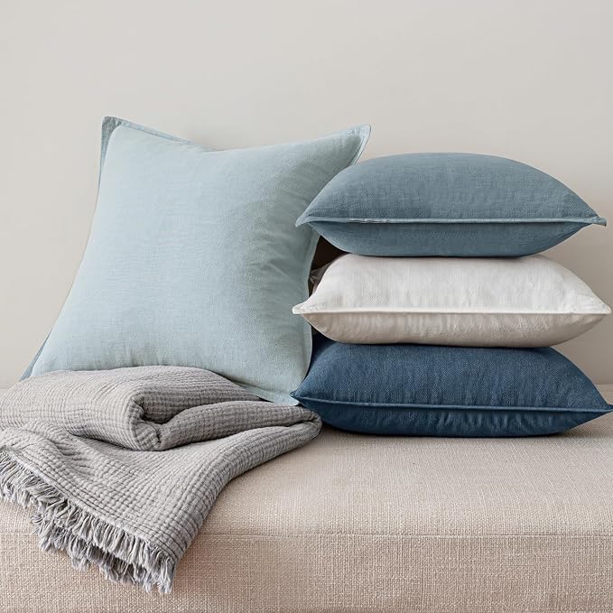 MIULEE Blue Boho Linen Decorative Pillow Covers 20x20 Inch Pack of 4 | Natural Throw Pillow Covers Soft Farmhouse Couch Pillowcases Modern Home Coastal Decor for Living Room Bed Sofa