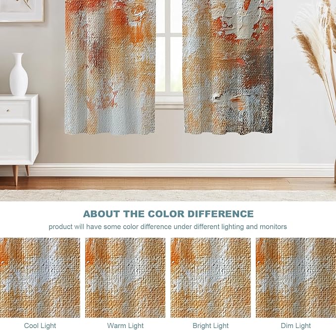 Shrahala Brushstrokes of Paint Thermal Insulated Blackout Window Curtains, Orange Grey Canvas Texture Long Drapes for Bedroom/Living Room with Plastic Grommet, 52X63 Set of 2